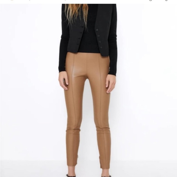 BLOGGERS FAVORITE Zara MidRise Camel Sold Out Faux Leather Leggings NWT - Picture 4 of 10